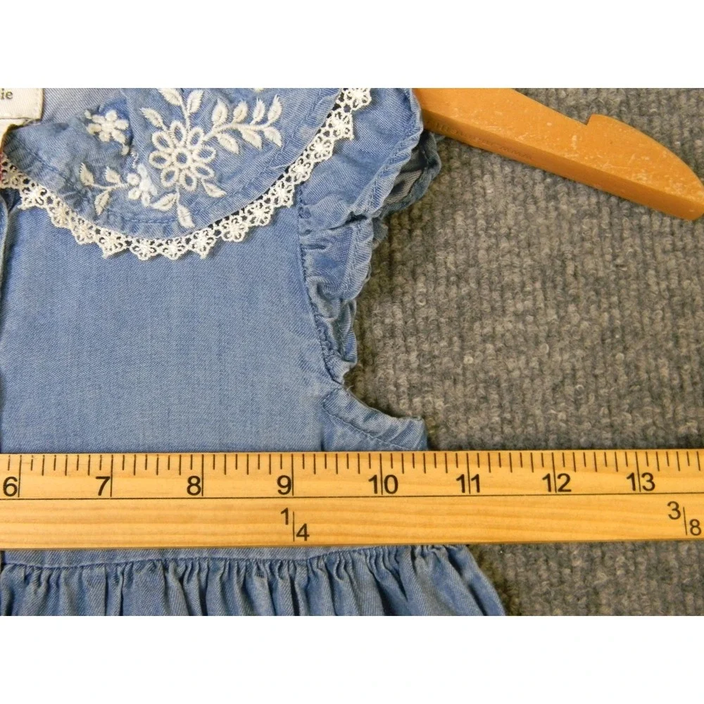 Haute Hippie Style Girls 3T Blue Chambray Dress Floral Embroidered Lace Collar